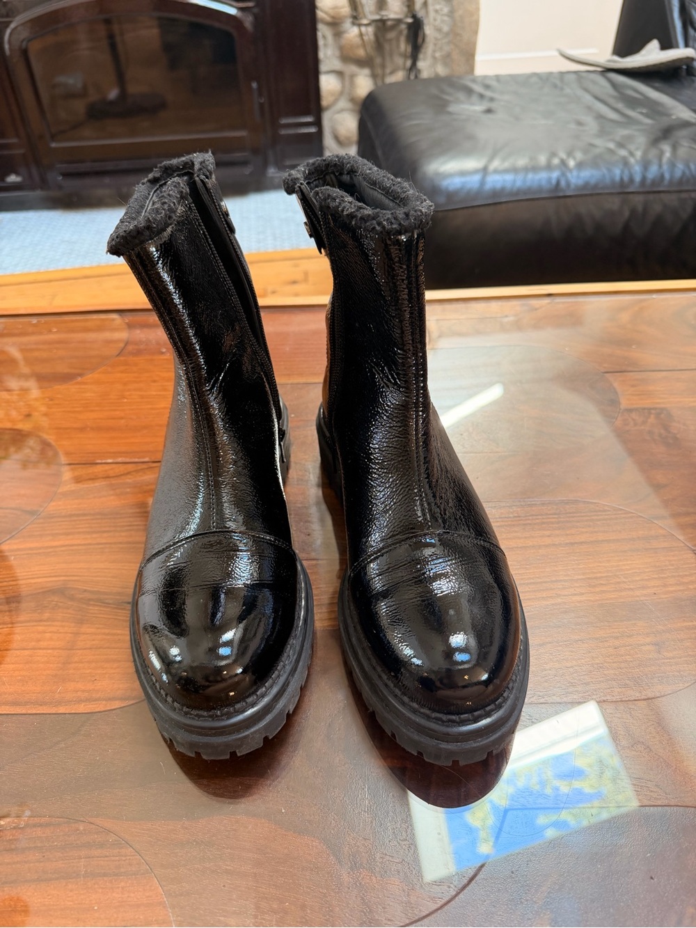 L’intervalle women’s Black Patent Leather Zip Boot with Fur Collar